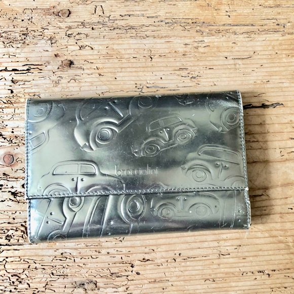 Braccialini Metallic Silver Embossed Cars Leather Trifold Checkbook Wallet - Picture 5 of 16